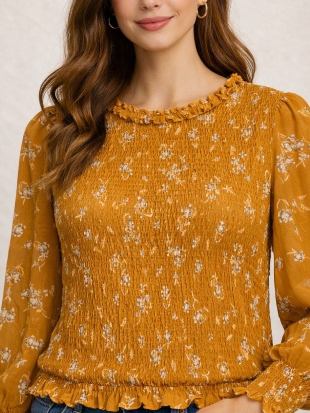 Terra & Sky Mustard Floral Smocked Long-Sleeve Blouse Size OX/14W